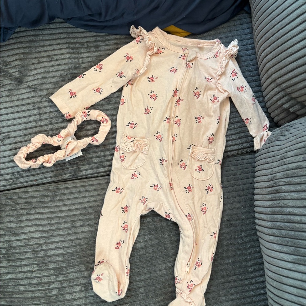 Jessica Simpson Pink Footie One Piece with Floral Design